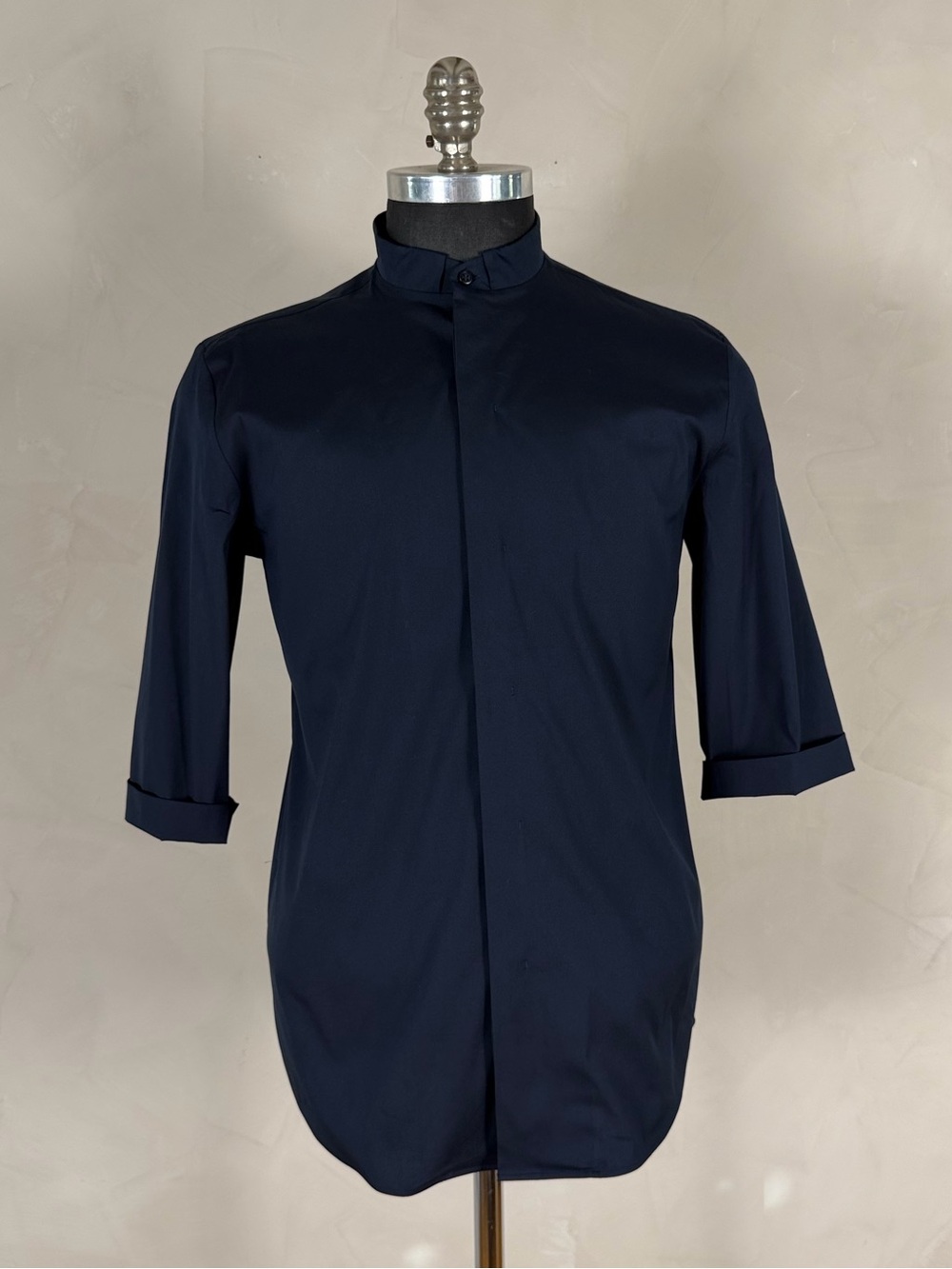 COS Men’s Navy Grandad Collar Hidden Placket Shirt 3/4 Sleeve Minimalist NWT